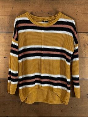 Gold Striped Crew Neck Cable Knit Pullover Cropped Oversized Sweater